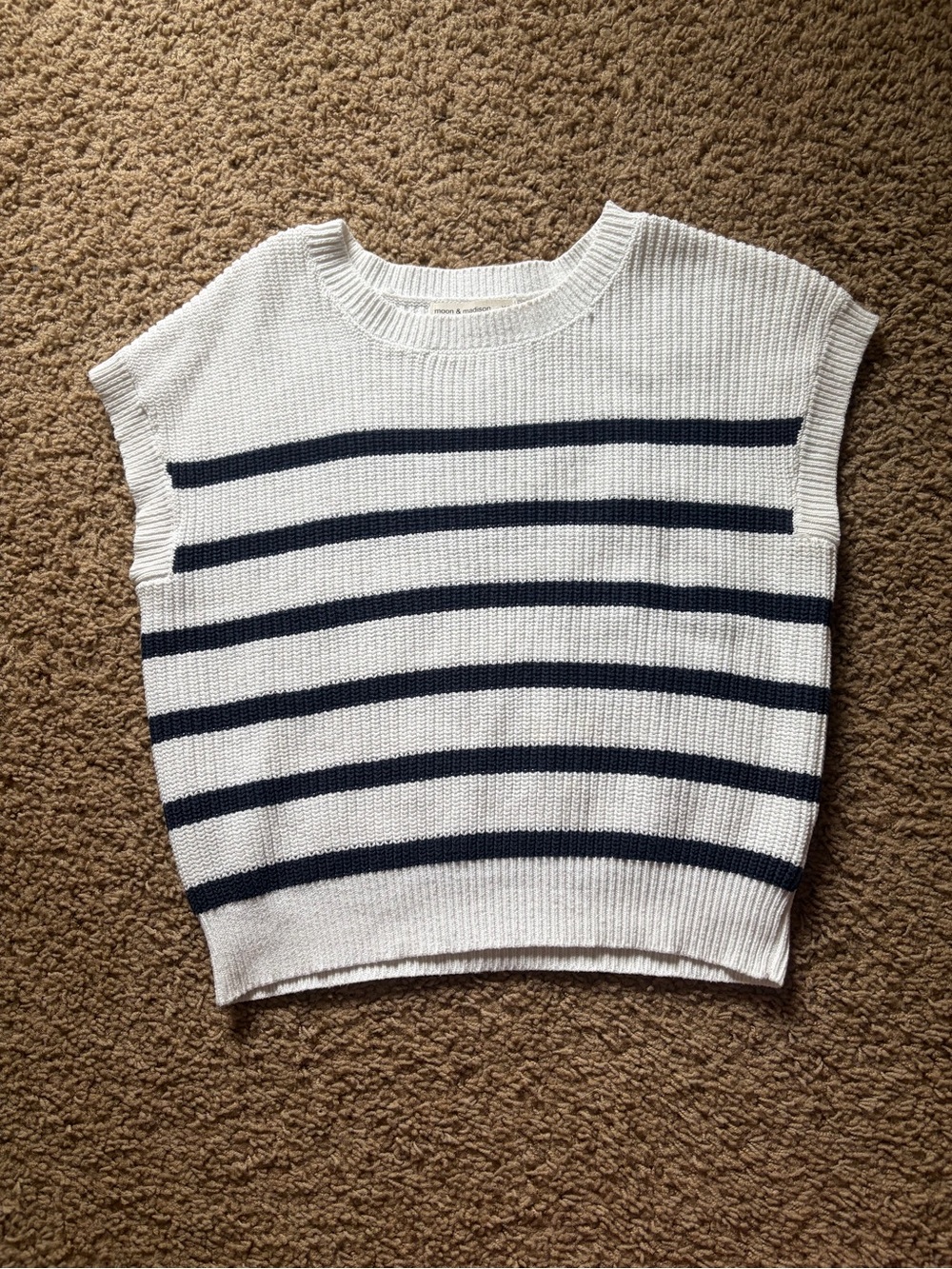 moon & madison White Knit Sleeveless Top with Navy Stripes
